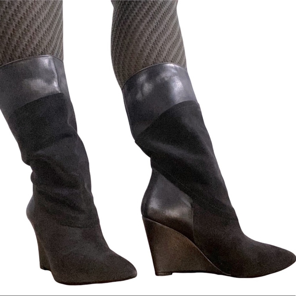 Black Suede Wedge Boots New Leather Black Pointed Toe Retro Style Size 9